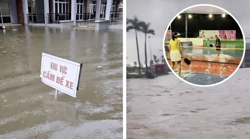 Cô gái chơi pickleball trong mưa lớn